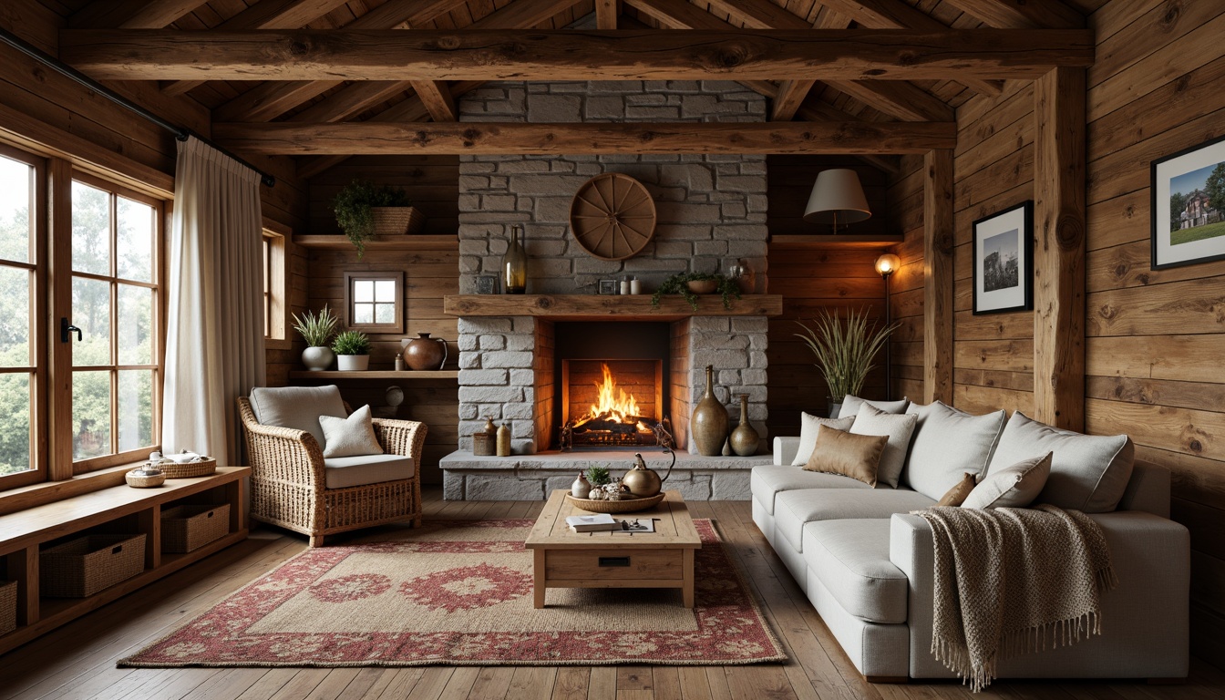 Prompt: Rustic cabin, wooden accents, earthy tones, natural fabrics, woven baskets, vintage rugs, distressed leather, linen upholstery, burlap drapes, reclaimed wood walls, stone fireplaces, cozy throw blankets, warm candlelight, shallow depth of field, 1/1 composition, realistic textures, ambient occlusion.