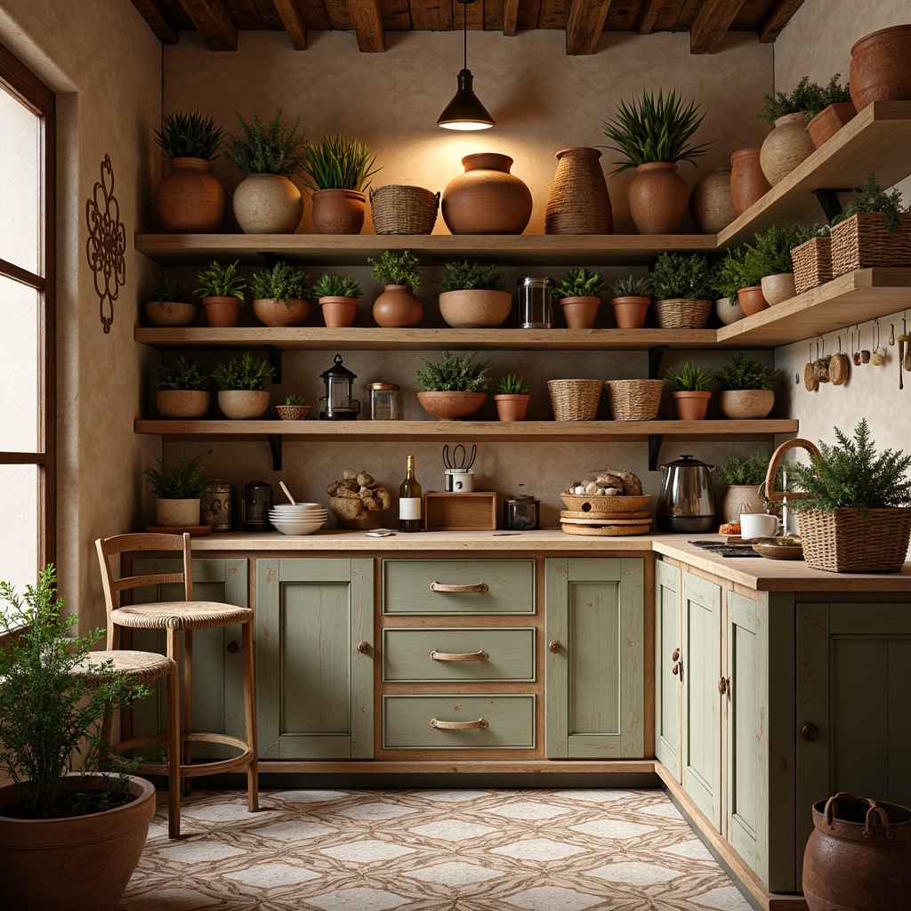 Prompt: Warm Mediterranean pantry, rustic wooden shelves, distressed finishes, earthy terracotta pots, aromatic herb planters, vintage metal lanterns, woven wicker baskets, ornate ceramic tiles, soft warm lighting, shallow depth of field, 1/1 composition, natural textures, ambient occlusion, warm beige color scheme, rich wood tones, subtle golden accents.