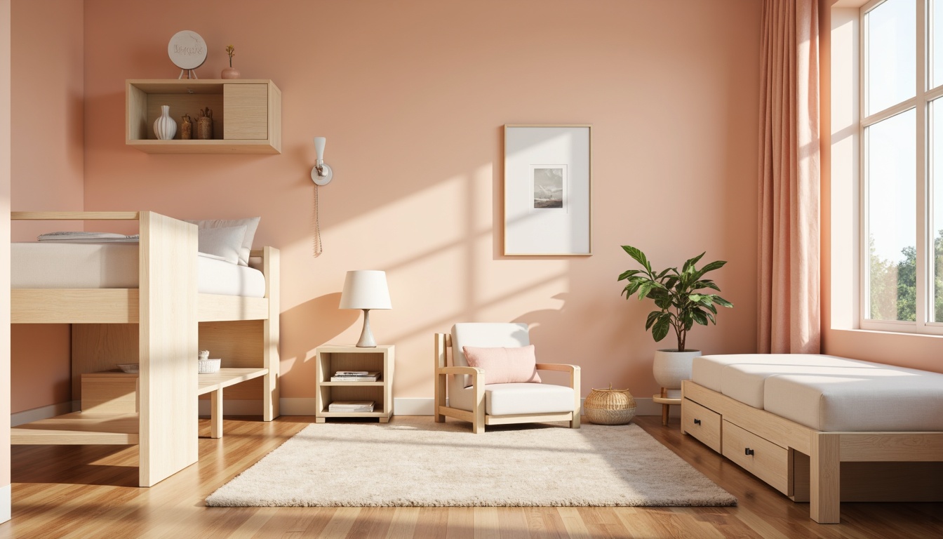 Prompt: Cozy dorm room, pastel colors, soft peach walls, creamy white furniture, warm beige carpets, natural wood accents, minimalist decor, calming ambiance, softbox lighting, gentle shadows, shallow depth of field, 1/1 composition, intimate atmosphere, serene mood, peaceful retreat.