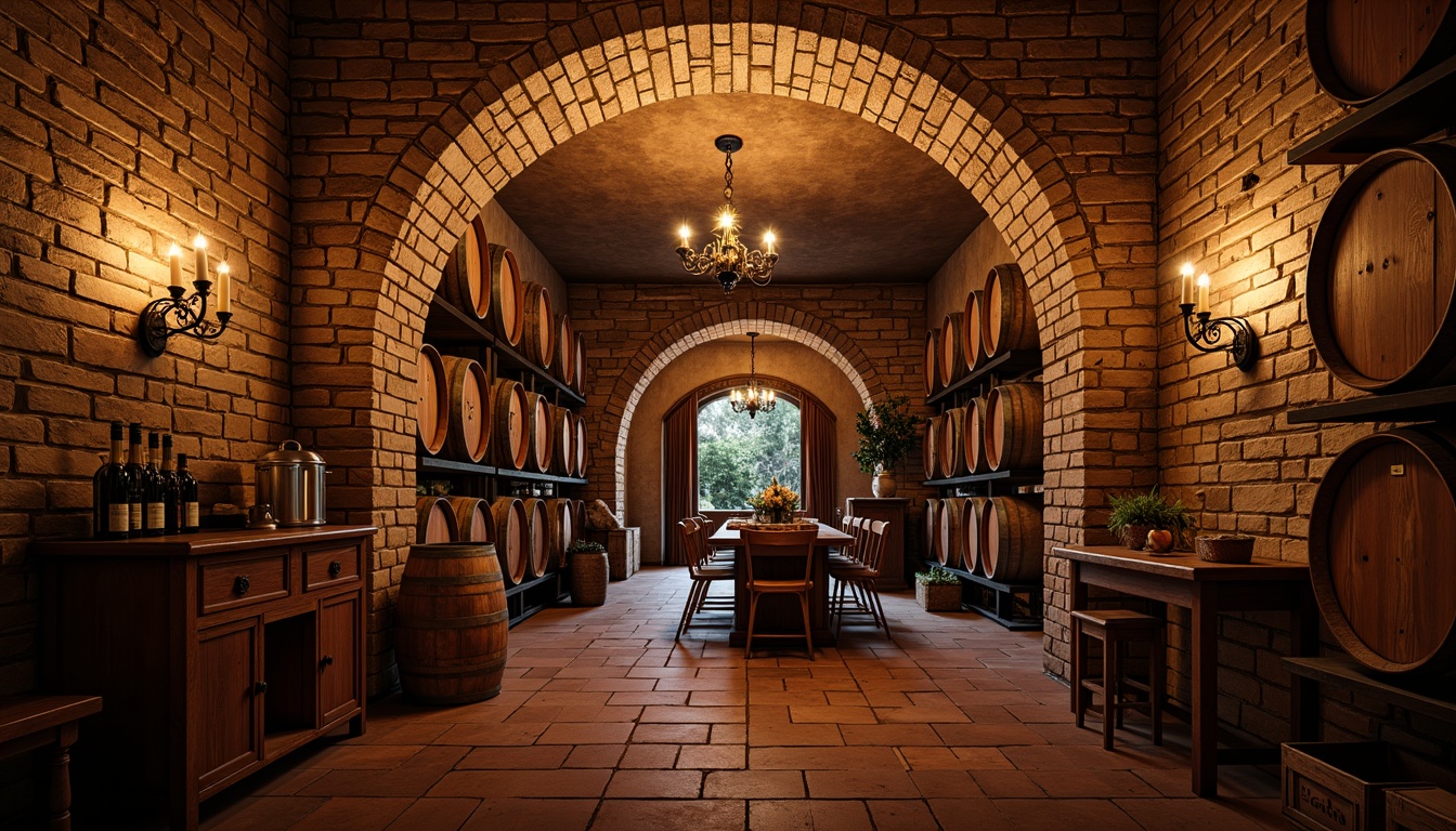 Prompt: Rustic wine cellar, stone walls, brick arches, wooden barrels, dim warm lighting, earthy tones, natural textures, vintage wine racks, wrought iron decorations, wooden crates, aged oak furniture, soft candlelight, cozy atmosphere, distressed finishes, worn stones, rough-hewn wood, classic chandeliers, ornate metalwork, rich red hues, ambient shadows, shallow depth of field, 2/3 composition, intimate setting.