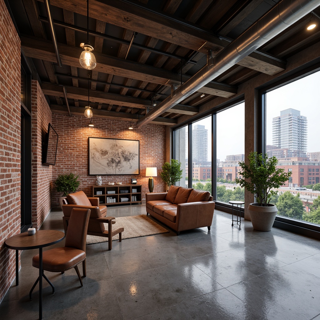 Prompt: Exposed brick walls, reclaimed wood accents, metal beams, polished concrete floors, industrial-style lighting fixtures, minimalist decor, urban loft atmosphere, raw unfinished textures, distressed leather furniture, metallic tones, Edison bulb lamps, cityscape views, modern skyscrapers, busy streets, contemporary artwork, bold color schemes, high ceilings, open spaces, functional simplicity, brutalist architecture, urban regeneration.