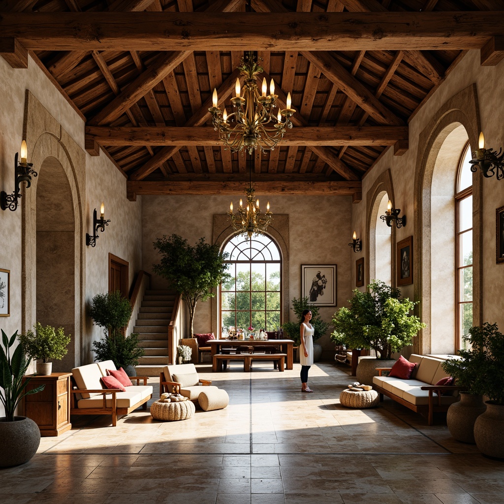 Prompt: Rustic wooden beams, soft warm lighting, elegant chandeliers, rich velvet fabrics, ornate mirrors, refined marble floors, lavish furnishings, classic French country decor, distressed wood accents, vintage artifacts, sophisticated color palette, luxurious ambiance, high ceilings, expansive open spaces, grand staircases, sweeping archways, natural stone walls, lush greenery, overflowing floral arrangements, soft background music, 1/1 composition, warm golden lighting, realistic textures.