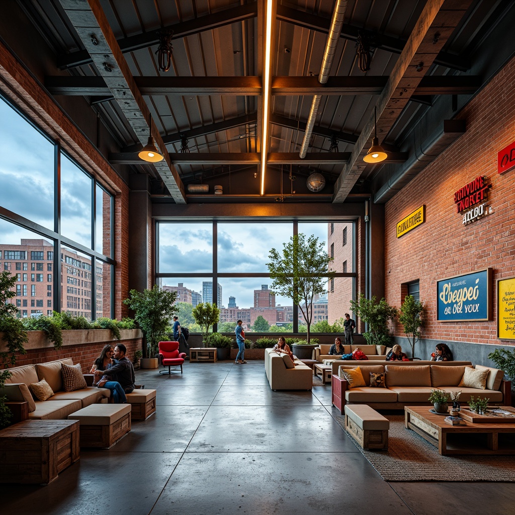 Prompt: Vibrant industrial warehouse, exposed brick walls, metal beams, polished concrete floors, colorful accent walls, bold typography signage, modern LED lighting fixtures, reclaimed wood crates, distressed metal furniture, eclectic decorative accents, urban cityscape views, cloudy blue sky, soft natural light, shallow depth of field, 1/2 composition, realistic textures, ambient occlusion.