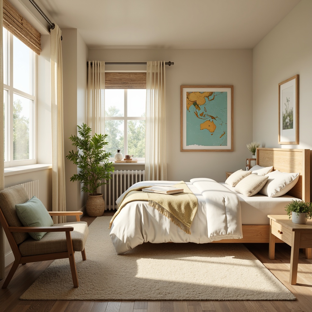 Prompt: Cozy dorm room, soft warm lighting, calming pastel colors, creamy whites, pale blues, minty greens, gentle yellows, plush carpets, comfortable bedding, wooden furniture, natural textiles, minimalist decor, simple patterns, warm beige walls, inviting atmosphere, relaxed ambiance, soft focus, 1/1 composition, realistic rendering.