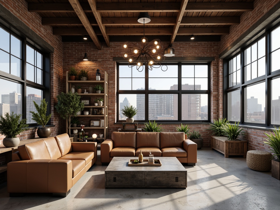 Prompt: Reclaimed wood accents, metal frame structures, exposed brick walls, urban loft atmosphere, industrial-style lighting fixtures, minimalist decor, distressed leather upholstery, steel coffee tables, wooden crate shelves, Edison bulb pendant lights, concrete floors, cityscape views, neutral color palette, functional simplicity, 3/4 composition, high contrast ratio, realistic textures, ambient occlusion.