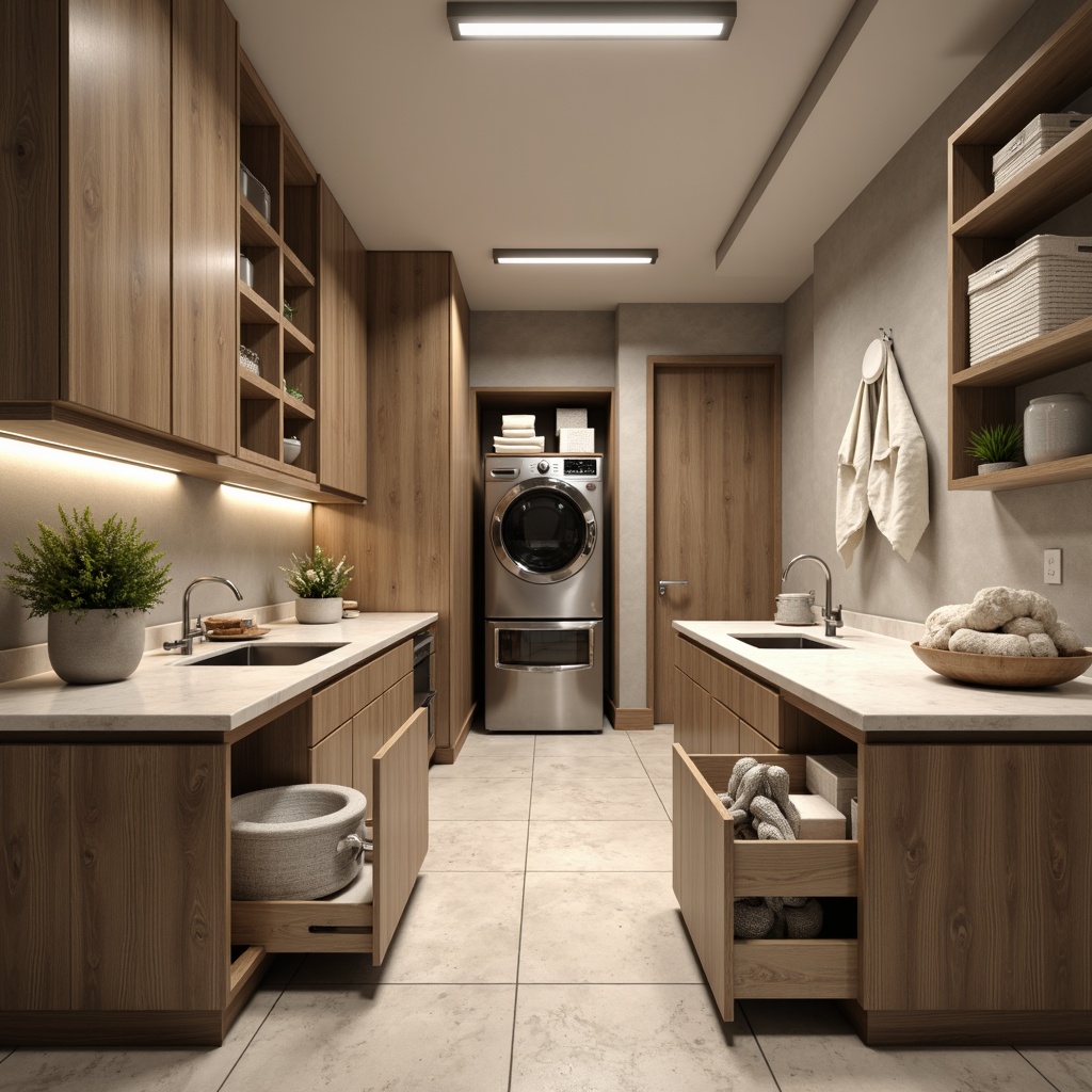 Prompt: Modern laundry room, sleek cabinetry, pull-out storage drawers, hidden utility sinks, wall-mounted folding tables, retractable drying racks, stainless steel appliances, minimalist decor, natural stone countertops, soft warm lighting, shallow depth of field, 3/4 composition, realistic textures, ambient occlusion.