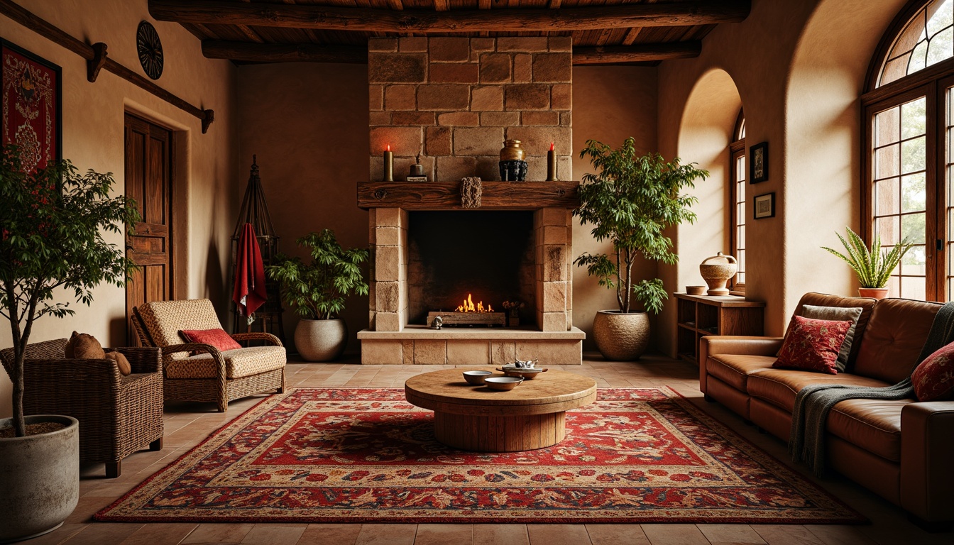 Prompt: Richly patterned tribal rugs, warm earthy tones, natural jute fibers, woven baskets, hand-carved wooden accents, rustic metal fixtures, distressed leather upholstery, vibrant colorful kilim fabrics, intricate geometric motifs, cozy candlelit ambiance, soft warm lighting, shallow depth of field, 3/4 composition, realistic textures, ambient occlusion.