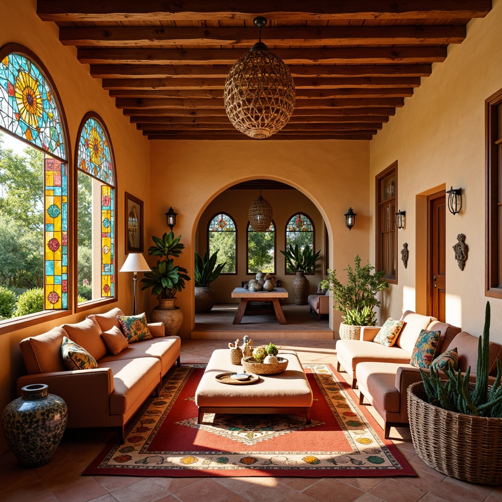 Prompt: Vibrant southwestern villa, warm earthy tones, rustic wooden beams, stucco walls, arched windows, colorful stained glass decorations, geometric patterns, intricate mosaics, turquoise accents, warm golden lighting, soft shadows, cozy seating areas, plush textiles, woven baskets, desert botanicals, cactus plants, vibrant ceramic vases, eclectic artwork, rustic metal fixtures, warm terracotta floors, 1/2 composition, natural ambient light, subtle depth of field.