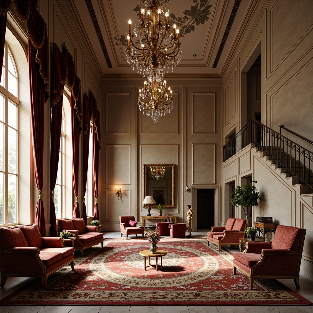 Prompt: Elegant neoclassical interior, ornate furniture, luxurious velvet fabrics, intricate embroidery patterns, golden accents, crystal chandeliers, marble floors, tall columns, grand staircases, sweeping arches, richly patterned rugs, lavish drapery, opulent tassels, sumptuous silk upholstery, subtle sheen, warm soft lighting, shallow depth of field, 2/3 composition, realistic textures, ambient occlusion.