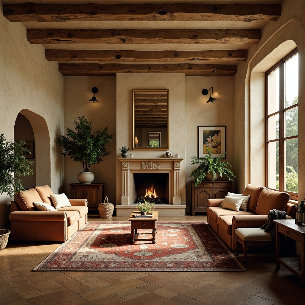 Prompt: Rustic French country style apartment, distressed wood flooring, creamy stone walls, soft warm lighting, ornate wooden furniture, plush velvet upholstery, richly patterned rugs, vintage decorative accessories, elegant ceiling molding, white washed brick walls, limestone fireplaces, wrought iron balconies, lush greenery, natural textiles, earthy color palette, cozy intimate atmosphere, 1/1 composition, shallow depth of field, warm golden lighting.