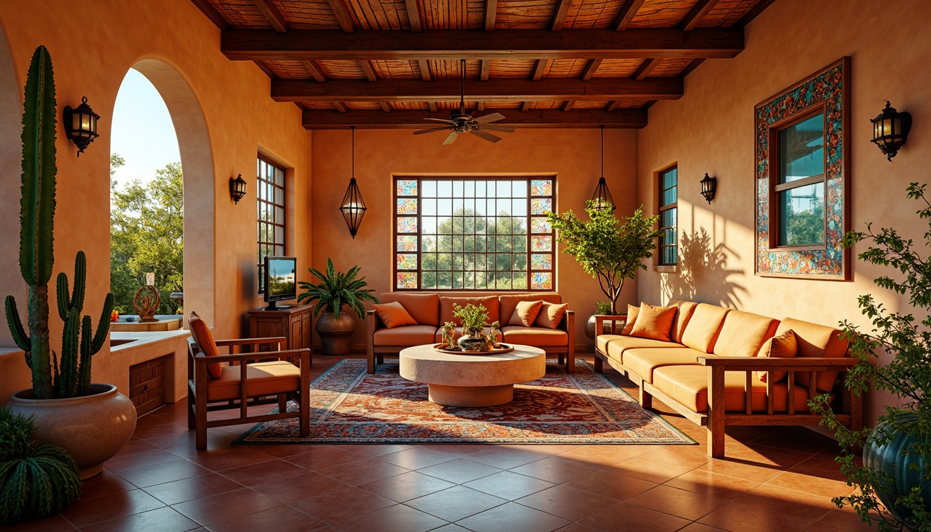 Prompt: Vibrant southwestern villa interior, stained glass windows, colorful mosaic patterns, warm golden lighting, rustic wooden beams, earthy terracotta floors, plush southwestern-inspired furniture, vibrant turquoise accents, geometric patterned rugs, desert botanicals, cactus plants, soft warm ambiance, 1/1 composition, realistic textures, subtle depth of field.