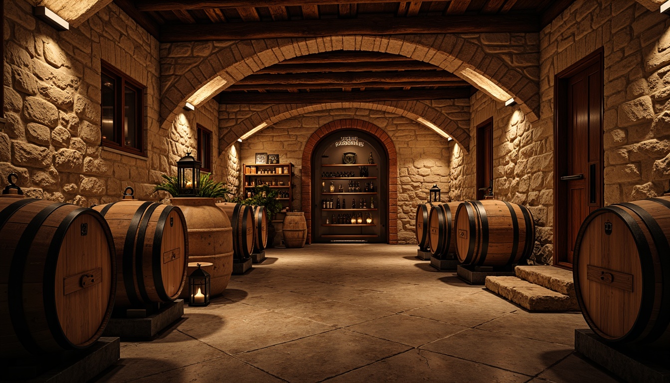 Prompt: Rustic wine cellar, stone walls, brick archways, wooden barrels, dim warm lighting, rich earthy tones, natural stone flooring, reclaimed wood accents, vintage metal lanterns, distressed finishes, cozy intimate atmosphere, old-world charm, ornate ironwork, soft candlelight, 1/2 composition, shallow depth of field, realistic textures, ambient occlusion.