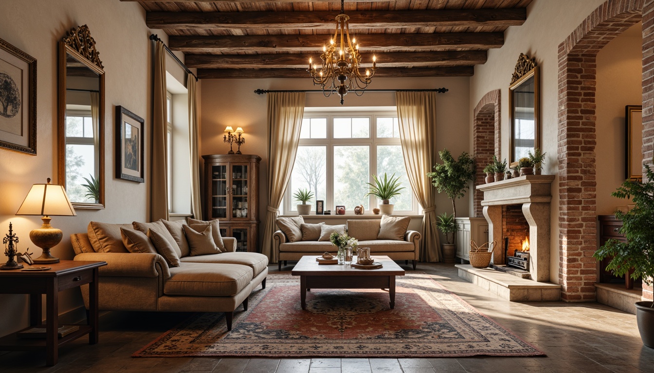 Prompt: Rustic French country style apartment, distressed wood accents, soft cream-colored walls, ornate mirrors, elegant chandeliers, plush velvet furniture, richly patterned rugs, limestone flooring, rustic brick archways, cozy reading nooks, warm candlelight, soft warm lighting, 1/1 composition, intimate atmosphere, realistic textures, ambient occlusion.