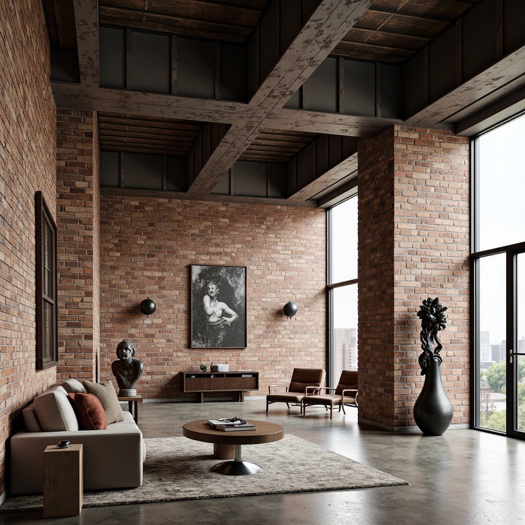 Prompt: Exposed brick walls, industrial metal beams, polished concrete floors, reclaimed wood accents, minimalist decor, urban aesthetic, open-plan living, natural light pouring, airy atmosphere, functional spaces, versatile layouts, modular furniture, metallic tones, earthy color palette, rough-textured elements, brutalist architecture, modern art pieces, geometric patterns, abstract sculptures, floor-to-ceiling windows, sliding glass doors, cityscape views, softbox lighting, 1/1 composition, shallow depth of field, realistic textures, ambient occlusion.