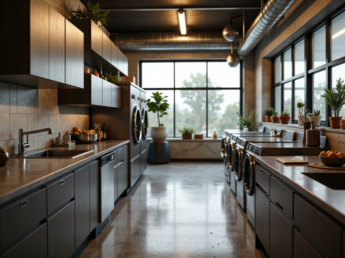 Prompt: Industrial laundry room, sturdy countertops, scratch-resistant surfaces, easy-to-clean materials, modern appliances, stainless steel sinks, chrome faucets, durable cabinets, ample storage space, bright task lighting, soft focus background, shallow depth of field, 1/2 composition, warm color tones, realistic textures, ambient occlusion.