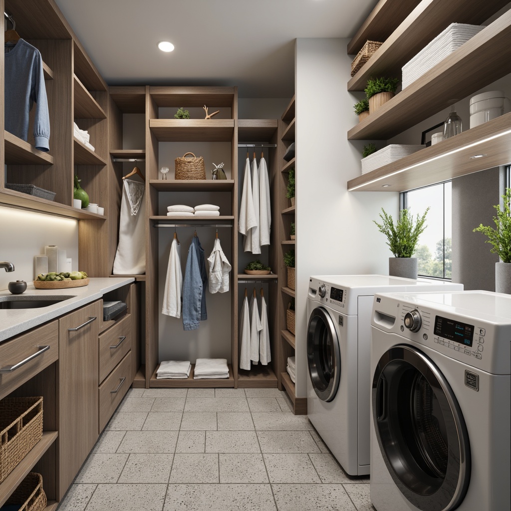 Prompt: Modern laundry room, sleek cabinets, minimalist design, soft-close drawers, stainless steel appliances, hanging rods, built-in shelves, retractable drying racks, automated laundry systems, smart storage solutions, floor-to-ceiling shelving units, sliding doors, LED lighting, bright color schemes, textured tile flooring, industrial-chic decor, functional countertops, integrated ironing boards, adjustable storage compartments, 3/4 composition, shallow depth of field, realistic textures.