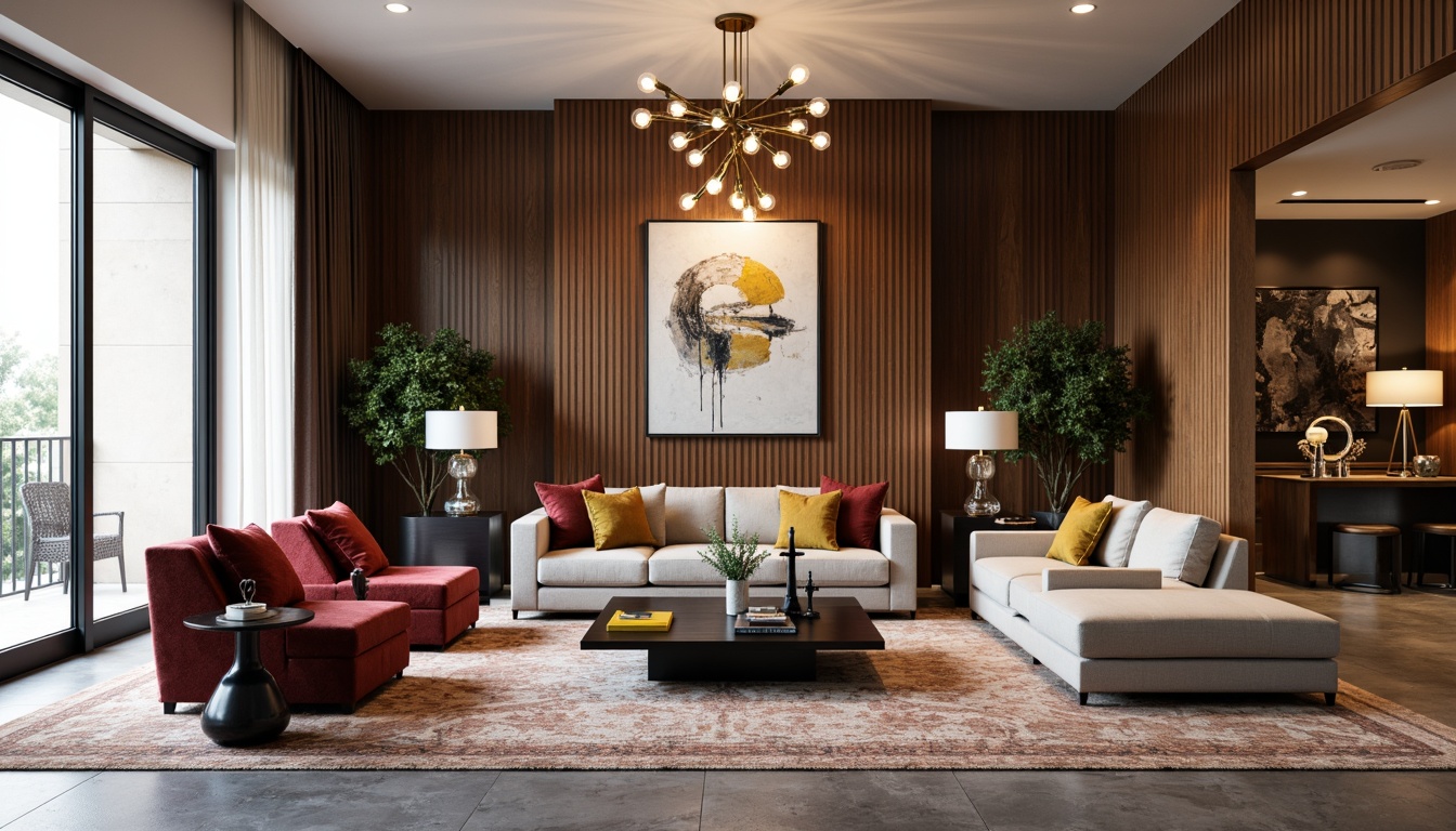 Prompt: Elegant living room, statement walls, bold geometric patterns, rich wood accents, metallic finishes, velvet upholstery, luxurious carpets, abstract artwork, modern chandeliers, recessed lighting, sleek lines, minimalist decor, eclectic accessories, vibrant color palette, mixed materials, textured fabrics, industrial-chic concrete floors, polished marble countertops, dramatic drapery, floor-to-ceiling windows, natural light pouring in.