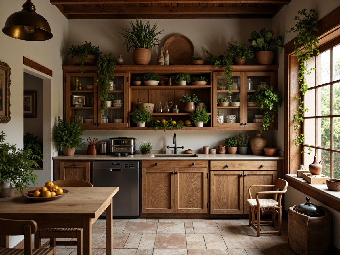 Prompt: Warm Mediterranean pantry, rustic wooden shelves, distressed finishes, terra cotta pots, lush greenery, fragrant herbs, bright citrus fruits, vintage kitchenware, copper accents, earthy color palette, soft warm lighting, shallow depth of field, 3/4 composition, realistic textures, ambient occlusion.