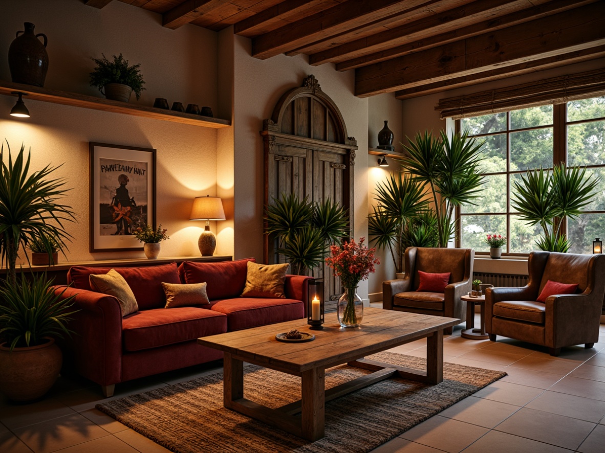 Prompt: Cozy hospitality lounge, rustic wooden accents, plush velvet sofas, distressed leather armchairs, reclaimed wood coffee tables, vintage metal lamps, earthy terracotta pots, lush greenery, natural stone walls, exposed wooden beams, warm candlelight, soft warm lighting, shallow depth of field, 3/4 composition, panoramic view, realistic textures, ambient occlusion.