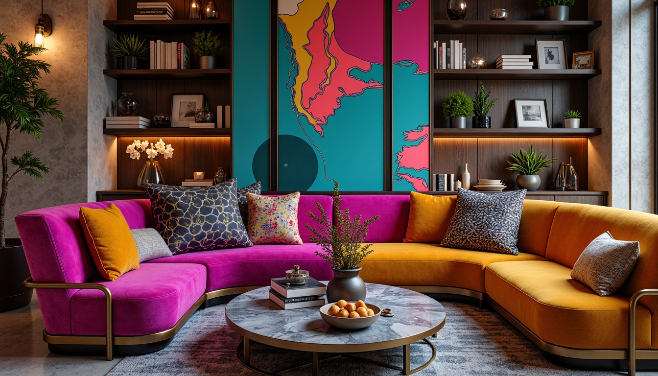 Prompt: Vibrant avant-garde furniture, bold curvaceous lines, playful irregular shapes, rich velvety textures, metallic accents, neon-colored upholstery, eclectic mix of patterns, abstract geometric motifs, oversized decorative elements, reclaimed wood, industrial metal frames, luxurious marble tops, dramatic lighting effects, low-poly 3D rendering, high-contrast color scheme, shallow depth of field, 1/1 composition, realistic reflections, ambient occlusion.