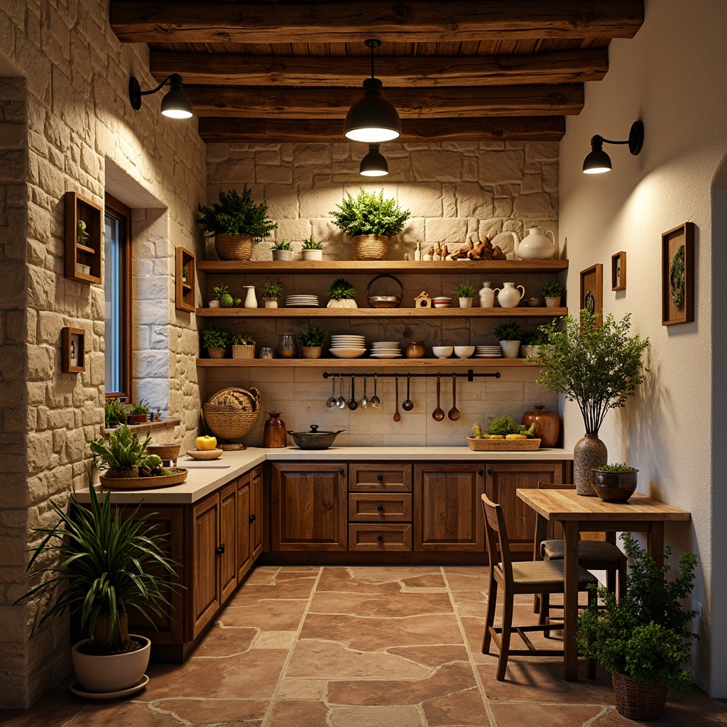 Prompt: Warm Mediterranean pantry, natural stone walls, rustic wooden shelves, distressed finishes, earthy color palette, ceramic tile backsplashes, wrought iron lighting fixtures, woven basket storage, vintage metal utensils, colorful glazed ceramics, fragrant herb plants, soft warm lighting, shallow depth of field, 1/2 composition, intimate atmosphere, realistic textures, ambient occlusion.