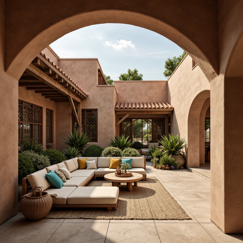 Prompt: Adobe earth tones, rustic wooden accents, stucco exteriors, curved lines, terra cotta roof tiles, ornate metalwork, geometric patterns, vibrant turquoise hues, sandy beige floors, woven textiles, natural fiber rugs, plush furnishings, warm ambient lighting, shallow depth of field, 3/4 composition, panoramic view, realistic textures, ambient occlusion.