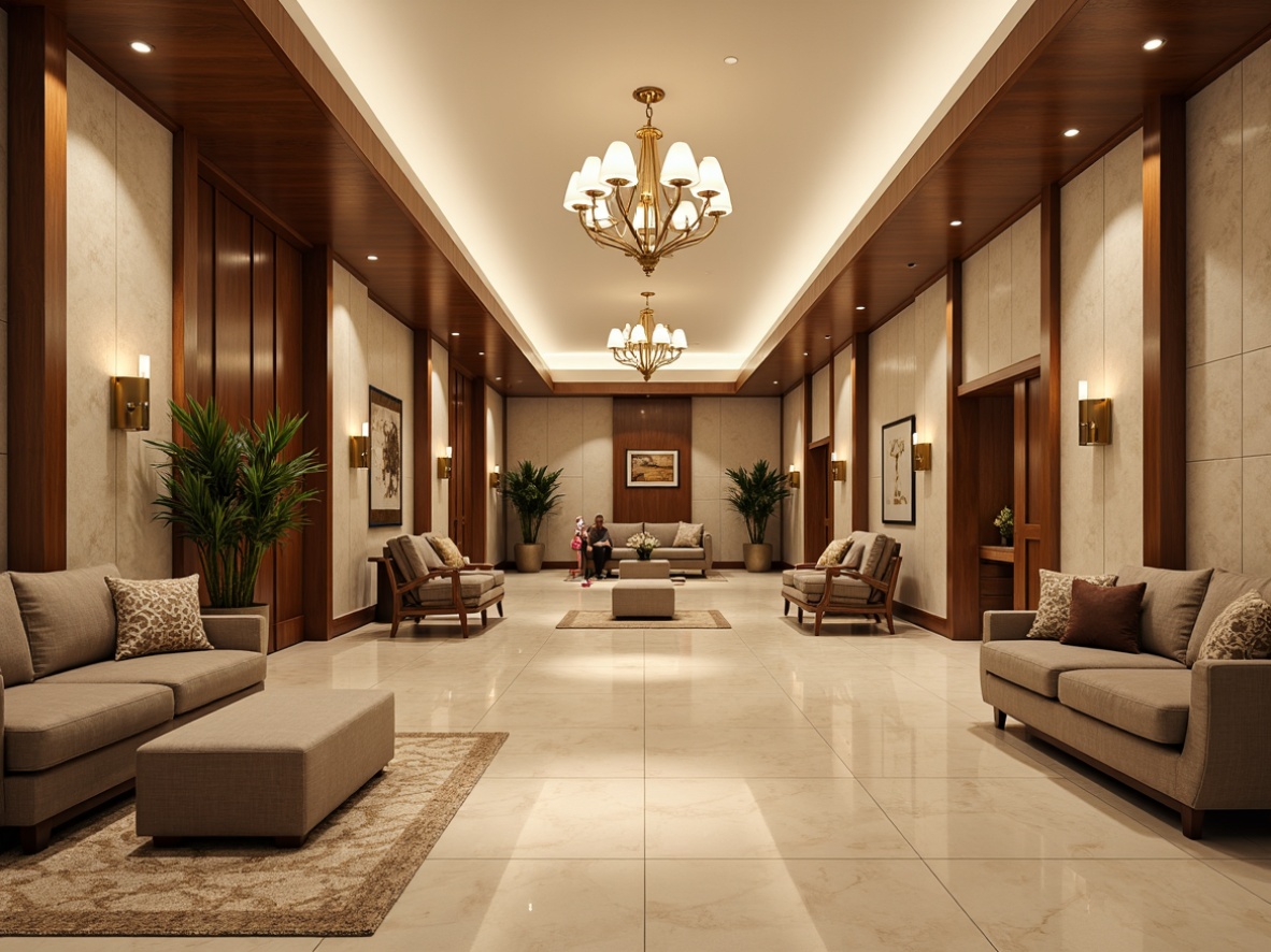 Prompt: Elegant bank interior, transitional style decor, refined wooden accents, sophisticated metal fixtures, warm beige tones, creamy marble floors, ornate chandeliers, modern sconces, sleek LED strips, recessed lighting, frosted glass shades, polished chrome details, comfortable seating areas, rich fabrics, subtle patterns, natural stone walls, neutral color palette, soft diffused light, 1/1 composition, realistic reflections, ambient occlusion.