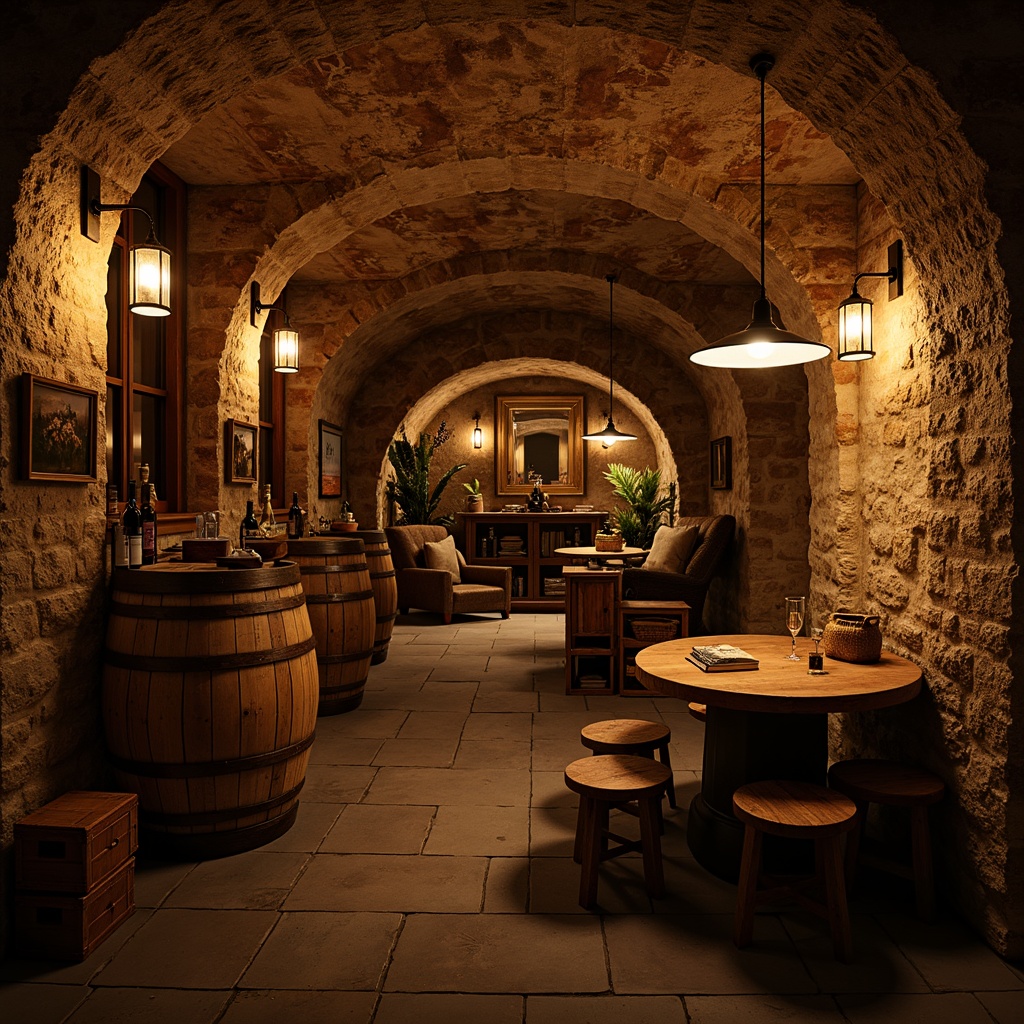 Prompt: Rustic wine cellar, earthy tones, stone walls, wooden barrels, dimly lit atmosphere, warm golden lighting, pendant lamps, wrought iron chandeliers, candlelight flicker, soft shadows, cozy nooks, vintage wine crates, wooden tables, leather-bound books, rich aromas, intimate ambiance, low ceilings, brick archways, distressed wood accents, velvety darkness, dramatic spotlights, 1/1 composition, moody contrast, warm color palette.