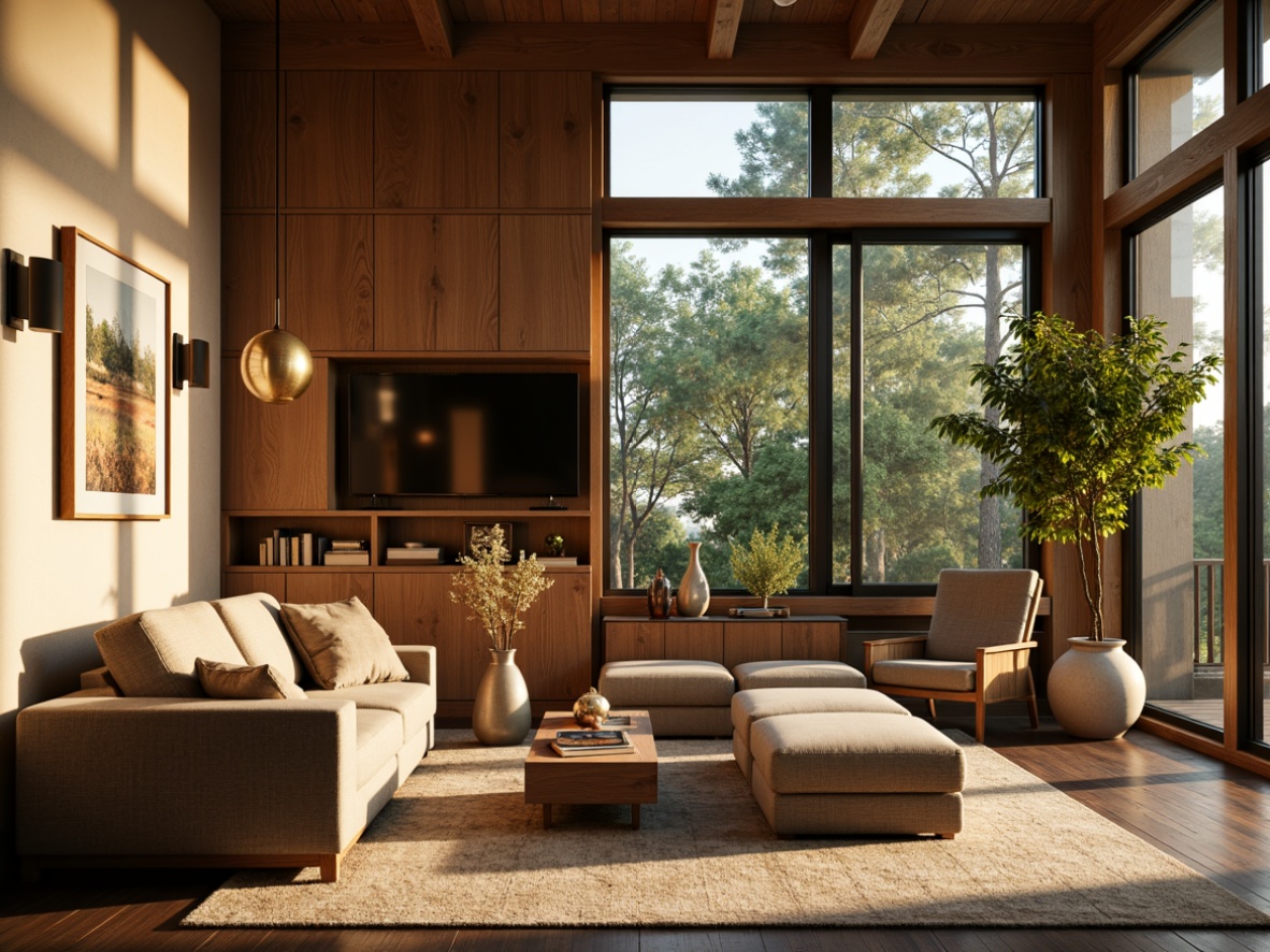 Prompt: Mid-century modern living room, warm golden lighting, sleek metal sconces, minimalist pendant lamps, rounded globe shades, natural linen fabrics, reclaimed wood accents, organic shapes, earthy color palette, soft ambient glow, cozy reading nooks, floor-to-ceiling windows, lush greenery views, 1/1 composition, shallow depth of field, realistic textures.