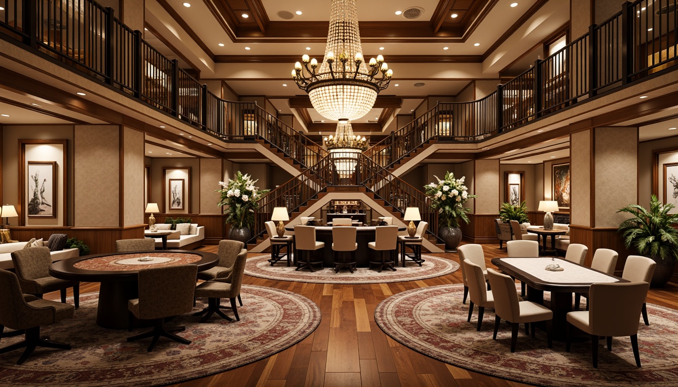 Prompt: Luxurious casino interior, French country style, rich wood tones, ornate furnishings, golden accents, soft warm lighting, plush area rugs, hardwood floors, dark walnut planks, distressed finishes, rustic charm, elegant chandeliers, sophisticated ambiance, refined textures, subtle sheen, classic patterns, intricate inlays, majestic high ceilings, grand staircases, opulent decor, lavish atmosphere, warm beige tones, creamy whites, soft grays.