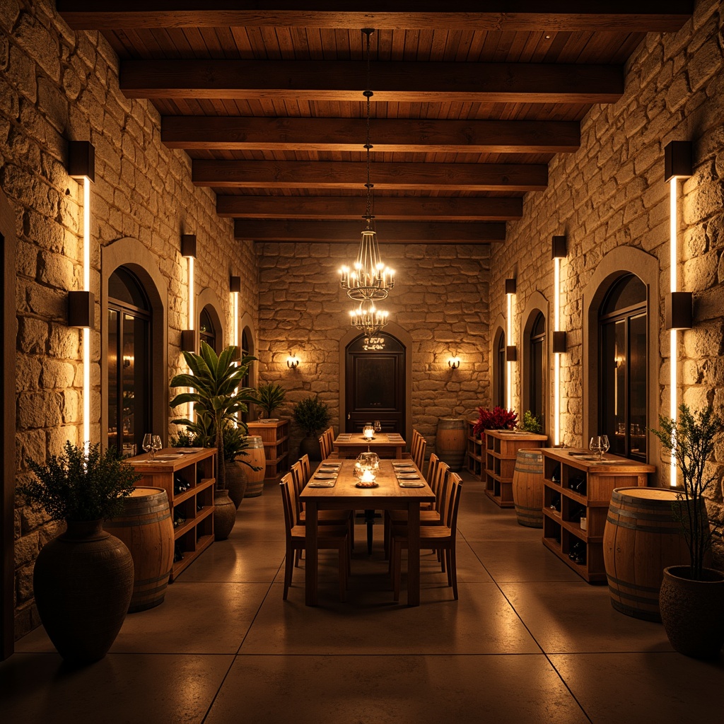 Prompt: Cozy wine cellar, rustic stone walls, wooden barrels, dimmed warm lighting, soft candlelight, ambient shadows, intimate atmosphere, rich wood accents, earthy tones, natural textures, elegant chandeliers, subtle LED strips, warm color temperature, low-hanging lanterns, decorative metalwork, industrial-chic fixtures, atmospheric fog effect, dramatic high ceiling, arched windows, wooden wine racks, vintage wine bottles, sophisticated ambiance, relaxing retreat.