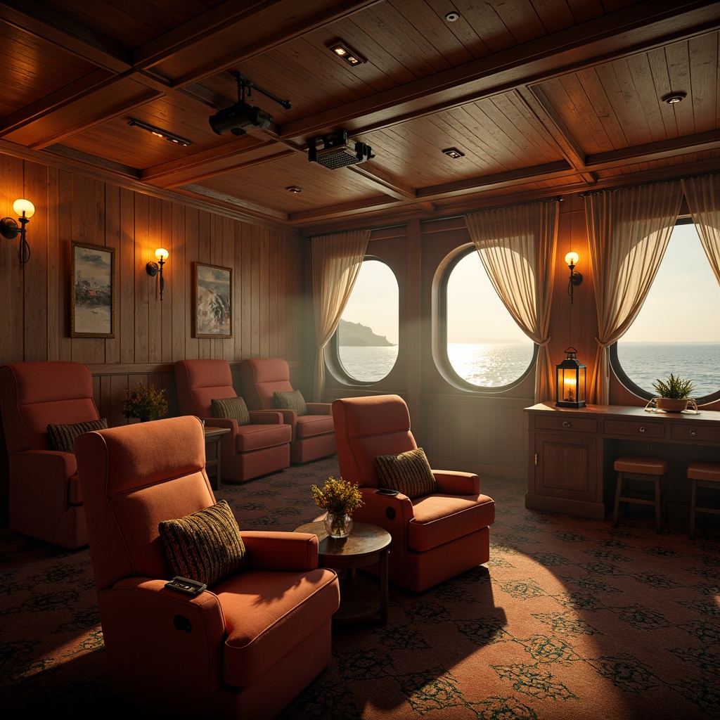 Prompt: Warm coastal cinema interior, soft golden lighting, ocean-inspired color palette, driftwood accents, nautical ropes, vintage marine lanterns, plush velvet seating, rich wood paneling, subtle wave patterns, ambient LED lights, cinematic spotlights, 1/2 composition, shallow depth of field, realistic textures, atmospheric fog effects, misty windows, serene seaside views.