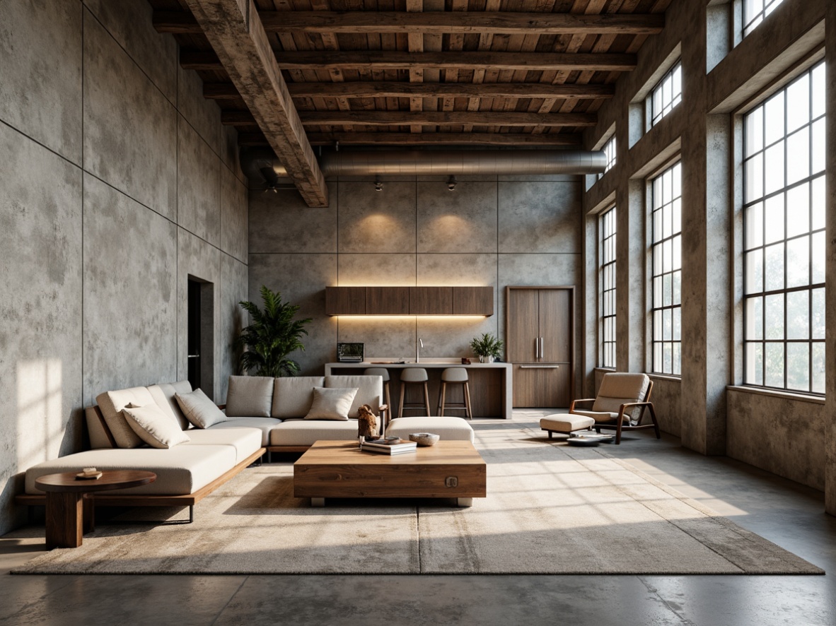 Prompt: Exposed concrete walls, reclaimed wood flooring, industrial metal beams, minimalist decor, monochromatic color scheme, natural stone accents, rough-hewn textures, distressed finishes, urban loft atmosphere, high ceilings, large windows, abundant natural light, soft warm lighting, shallow depth of field, 3/4 composition, realistic renderings, ambient occlusion.