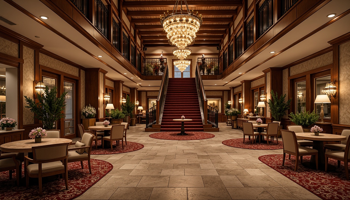 Prompt: Luxurious casino interior, French country style, rustic wooden flooring, distressed finishes, ornate patterns, velvet-textured carpets, majestic chandeliers, grand staircases, lavish furnishings, rich wood tones, warm golden lighting, dramatic ceiling heights, opulent decor, intricate moldings, sophisticated ambiance, refined elegance.