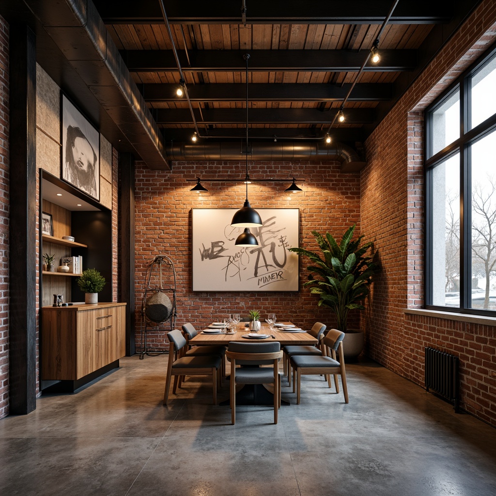 Prompt: Exposed brick walls, metal beams, reclaimed wood accents, industrial chic decor, dimmable LED lighting, warm color temperature, pendant lamps, metal shades, Edison bulbs, minimalist fixtures, concrete floors, urban loft atmosphere, dramatic shadows, high ceilings, open space layout, modern industrial architecture, functional design elements, rustic textures, cozy ambiance, soft warm glow, 1/2 composition, shallow depth of field, realistic materials.