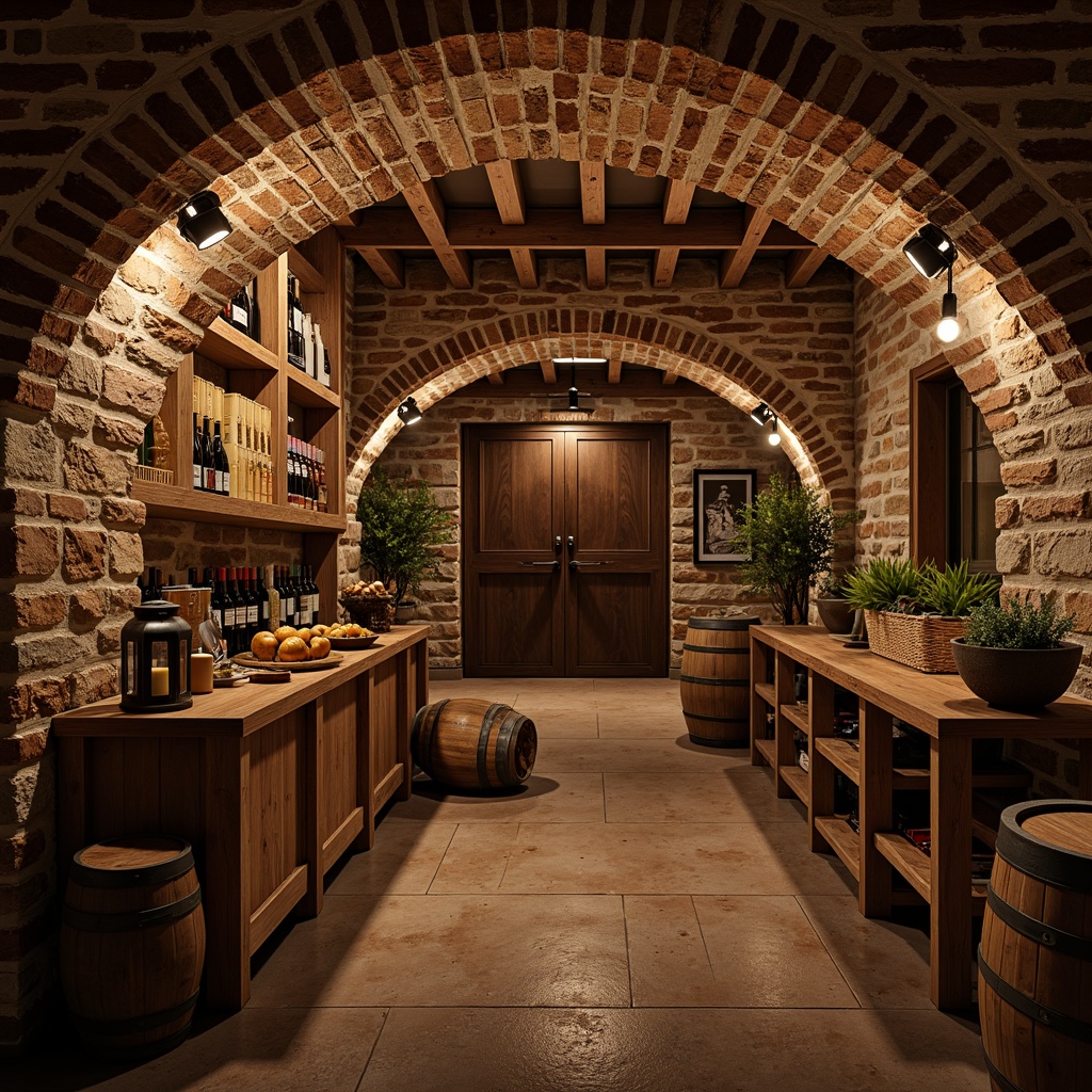 Prompt: Rustic wine cellar, stone walls, earthy tones, wooden barrels, dim warm lighting, brick arches, natural textures, vintage metal lanterns, reclaimed wood accents, distressed finishes, rich brown colors, intimate ambiance, cozy nooks, wine bottle displays, rustic metal doors, aged stone flooring, soft candlelight, 3/4 composition, shallow depth of field, realistic textures.