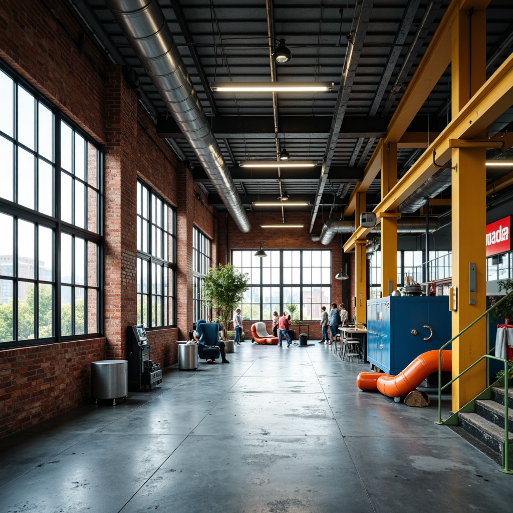 Prompt: Vibrant industrial space, exposed brick walls, metallic beams, polished concrete floors, bold yellow accents, bright orange pipes, deep blue machinery, lime green safety rails, neon signs, modern minimalist lighting, urban cityscape views, large factory windows, natural sunlight, shallow depth of field, 1/1 composition, realistic textures, ambient occlusion.