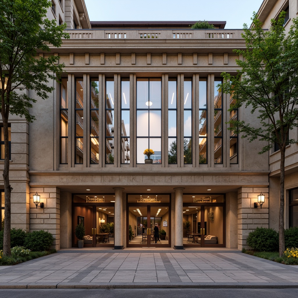 Prompt: Elegant bank building, transitional style architecture, symmetrical facade, grand entrance, ornate details, classic columns, rusticated stone walls, bronze door handles, large rectangular windows, divided lights, wooden shutters, neutral color palette, earthy tones, natural light pouring in, soft warm illumination, shallow depth of field, 1/1 composition, realistic textures, ambient occlusion.Let me know if this meets your requirements!