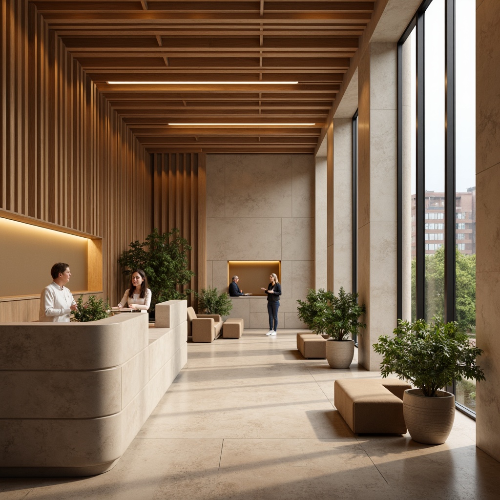 Prompt: Earth-toned bank interior, warm beige walls, rich wood accents, sleek metal fixtures, comfortable seating areas, natural stone flooring, subtle LED lighting, minimalist decor, large windows, cityscape views, soft neutral color palette, 1/1 composition, shallow depth of field, realistic textures, ambient occlusion.