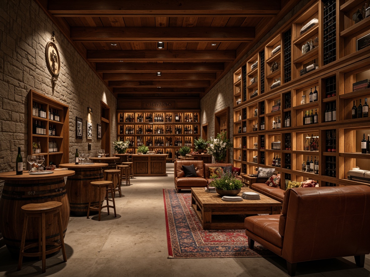 Prompt: Luxurious wine cellar, rich wood tones, elegant wooden racks, climate-controlled storage, dimmed soft lighting, comfortable seating areas, plush leather sofas, reclaimed wood tables, decorative metalwork, ornate wine barrels, rustic stone walls, ambient warm glow, shallow depth of field, 1/1 composition, realistic textures.