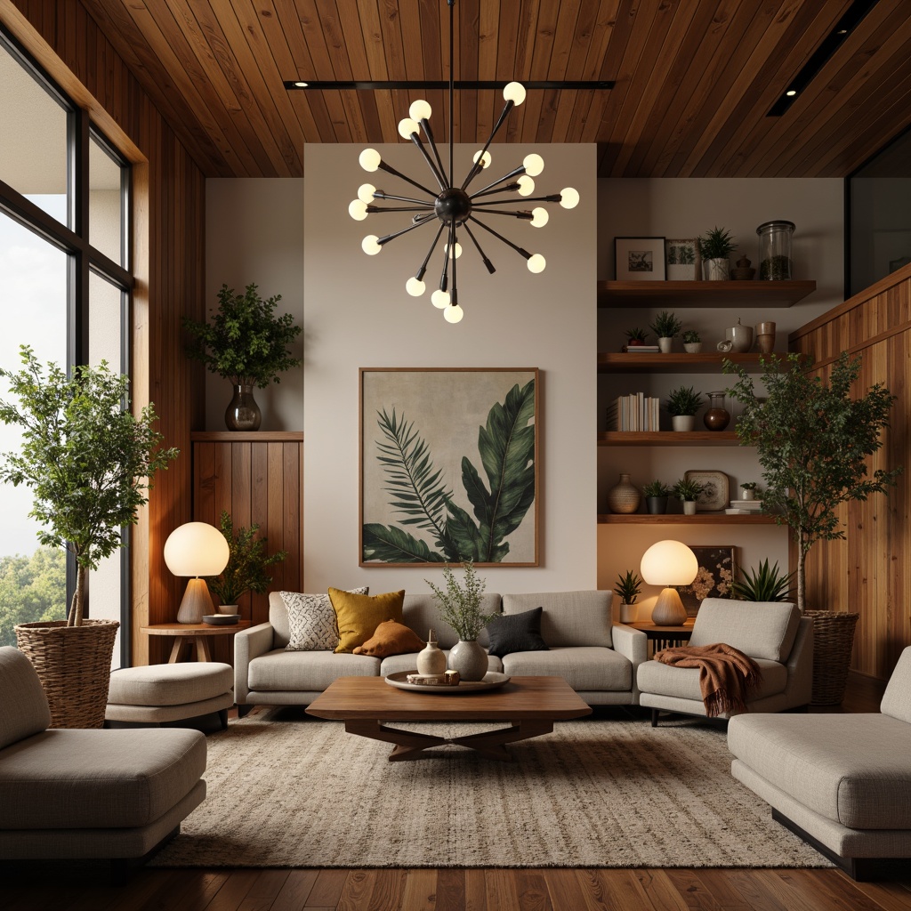 Prompt: Mid-century modern living room, elegant sputnik chandelier, minimalist pendant lights, globe-shaped table lamps, sleek metal floor lamps, walnut wood accents, earthy tone color palette, natural textiles, organic shapes, retro-inspired decorative patterns, warm ambient lighting, soft diffused glow, 1/1 composition, shallow depth of field, realistic textures, ambient occlusion.