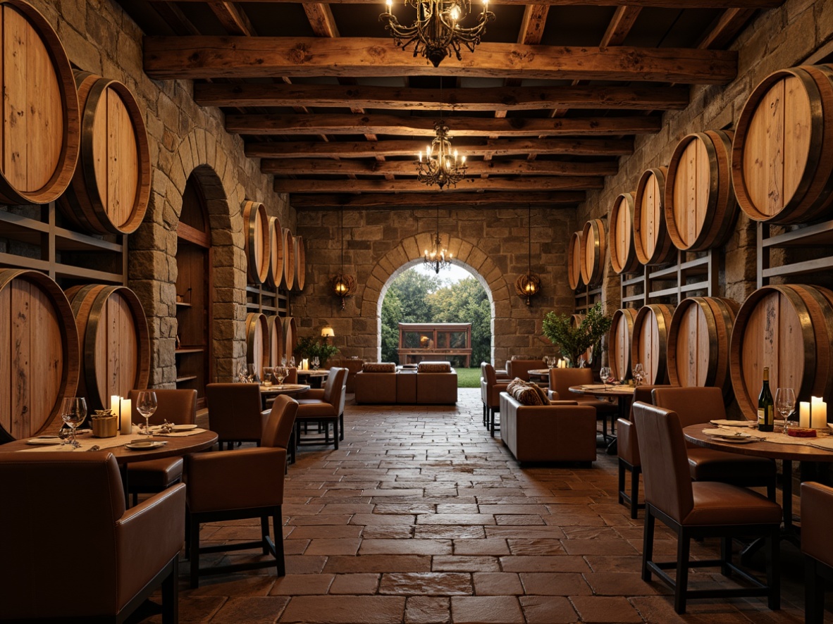 Prompt: Rustic wine cellar, stone walls, wooden barrel racks, dimly lit ambiance, earthy tones, natural textures, reclaimed wood accents, distressed metal decor, vintage wine-making equipment, candlelight illumination, warm color palette, cozy atmosphere, intimate seating areas, rich leather furnishings, ornate ironwork details, arched doorways, exposed brick surfaces, rustic wooden crates, soft warm lighting, shallow depth of field, 1/1 composition.