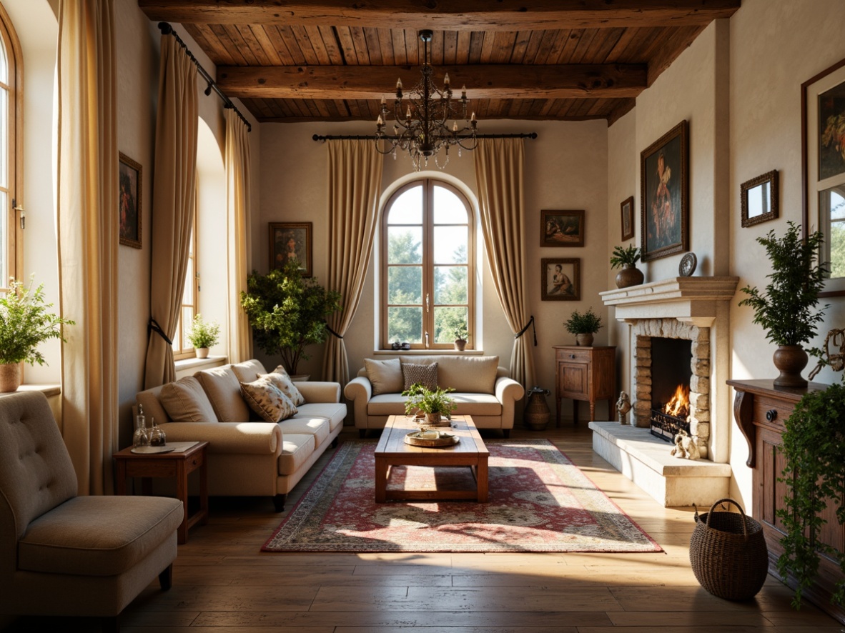 Prompt: Rustic French country style apartment, distressed wood flooring, cream-colored stucco walls, soft warm lighting, ornate wooden furniture, vintage accessories, natural stone fireplaces, earthy color palette, textured wall finishes, rough-hewn wooden beams, elegant chandeliers, velvet drapes, antique decorative items, intimate cozy atmosphere, shallow depth of field, 1/2 composition, warm golden hour lighting, soft focus blur.