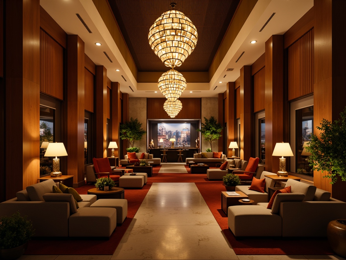 Prompt: Cozy hotel lobby, warm ambiance, soft glowing chandeliers, modern pendant lights, luxurious furnishings, rich wood tones, comfortable seating areas, warm color schemes, inviting atmosphere, relaxing music, ambient lighting, table lamps, floor lamps, LED strip lights, energy-efficient solutions, sustainable design, elegant fixtures, sophisticated decor, high-end amenities, boutique hotel style, intimate setting, dramatic ceiling fixtures, warm white light, 1/1 composition, shallow depth of field.