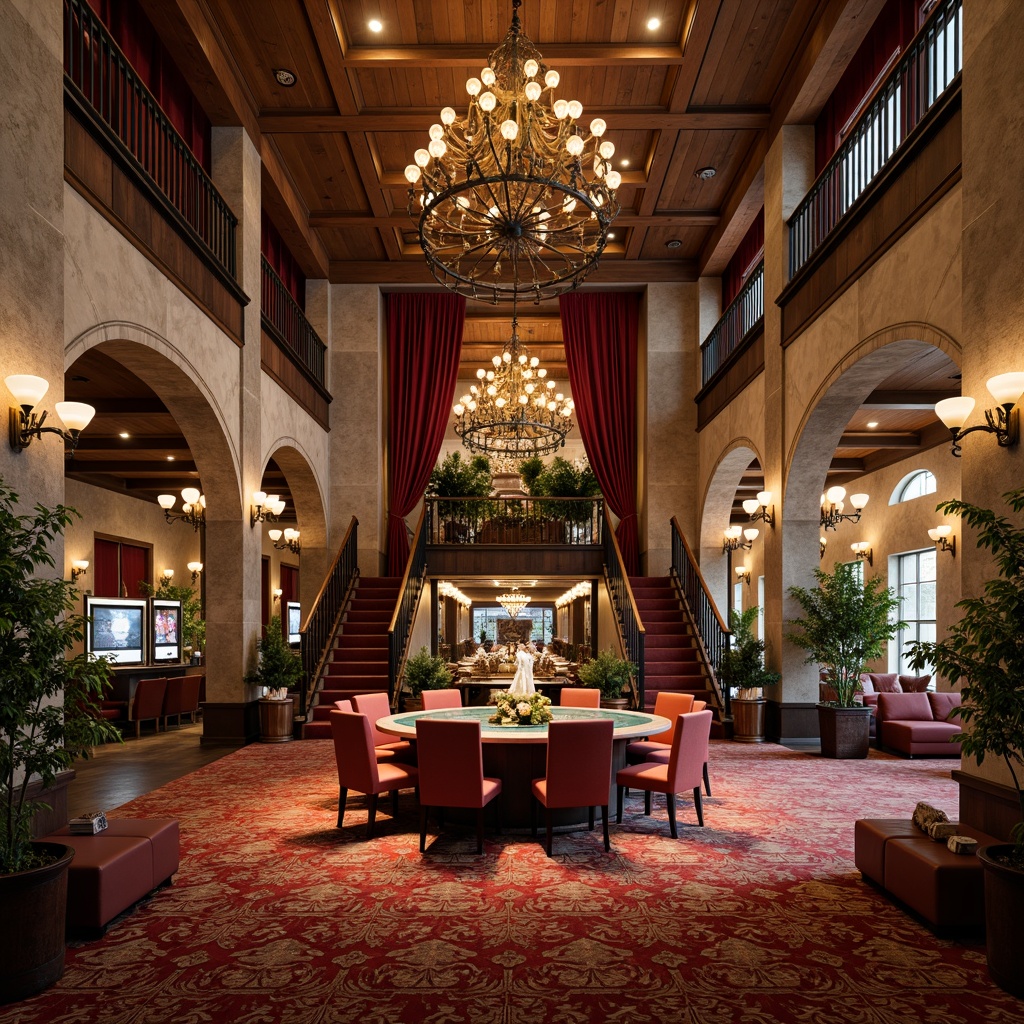 Prompt: Rustic casino interior, French country-inspired decor, distressed wood accents, ornate chandeliers, lavish furnishings, velvet drapes, rich red carpets, elegant archways, grand staircase, open-plan gaming area, natural stone walls, wooden beams, warm golden lighting, soft focus, shallow depth of field, 1/1 composition, atmospheric misting system, lush greenery, vibrant flowers, realistic textures, ambient occlusion.