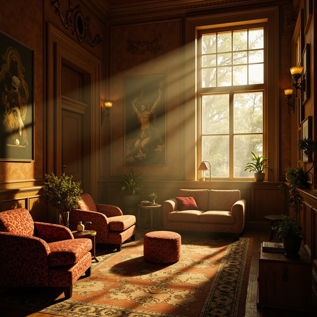 Prompt: Dramatic expressionist interior, warm golden lighting, soft shadows, rich textures, ornate furnishings, bold color palette, luxurious fabrics, intricate patterns, eclectic decor, vintage accessories, abstract artwork, moody atmosphere, low-key lighting, cinematic ambiance, 45-degree angle shots, high contrast ratio, dramatic chiaroscuro, atmospheric haze, mystical mist, warm color grading, film noir inspiration.