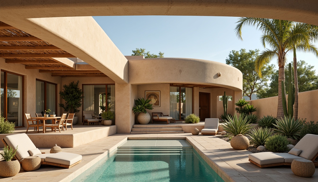 Prompt: Southwestern villa, adobe-style architecture, curved lines, earthy tones, warm beige walls, large windows, sliding glass doors, clerestory windows, high ceilings, open floor plans, natural stone floors, woven textiles, vibrant turquoise accents, cacti gardens, desert landscaping, sunny day, soft warm lighting, shallow depth of field, 3/4 composition, panoramic view, realistic textures, ambient occlusion.