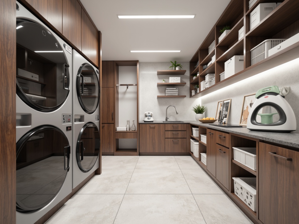 Prompt: Modern laundry room, sleek cabinetry, stainless steel appliances, foldable drying racks, retractable ironing boards, built-in shelving units, stackable storage bins, transparent plastic containers, soft-close drawers, LED lighting, minimalist decor, functional layout, 3/4 composition, shallow depth of field, realistic textures, ambient occlusion.