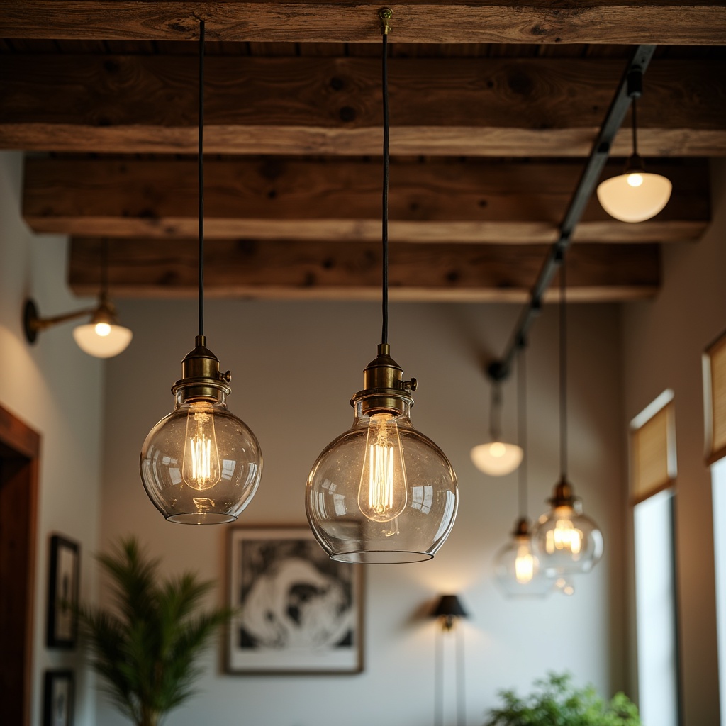 Prompt: Retro-style pendant lights, spherical glass shades, brass accents, minimalist metal fixtures, industrial-chic exposed bulbs, reclaimed wood ceiling beams, natural linen shades, earthy color palette, warm cozy ambiance, soft diffused lighting, 1/1 composition, shallow depth of field, realistic textures, ambient occlusion.