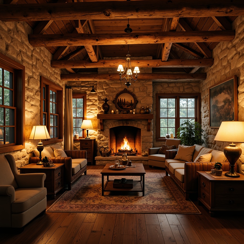 Prompt: Rustic cabin, wooden beams, stone walls, earthy tones, warm ambient lighting, table lamps, metal lanterns, candles, fireplaces, crackling flames, cozy atmosphere, soft warm glow, natural textures, wooden furniture, vintage decor, distressed finishes, rough-hewn wood accents, nature-inspired patterns, autumnal color palette, warm beige tones, comfortable seating areas, intimate gathering spaces, rustic metal chandeliers, pendant lights, lantern-style lighting fixtures, warm white light bulbs, subtle shadows, 3/4 composition, shallow depth of field.